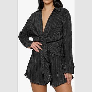 OPOIPIN 2pc Outfit Pleated Tie Front Long Sleeve Blouse w/Shorts Womens S -Black